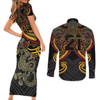 Maori Hei Tiki Tribal Tattoo Couples Matching Short Sleeve Bodycon Dress and Long Sleeve Button Shirt