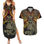 Maori Hei Tiki Tribal Tattoo Couples Matching Summer Maxi Dress and Hawaiian Shirt