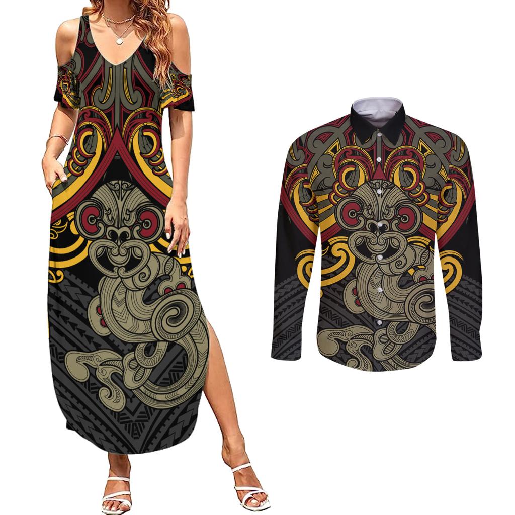 Maori Hei Tiki Tribal Tattoo Couples Matching Summer Maxi Dress and Long Sleeve Button Shirt