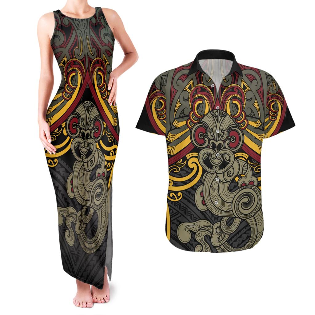 Maori Hei Tiki Tribal Tattoo Couples Matching Tank Maxi Dress and Hawaiian Shirt