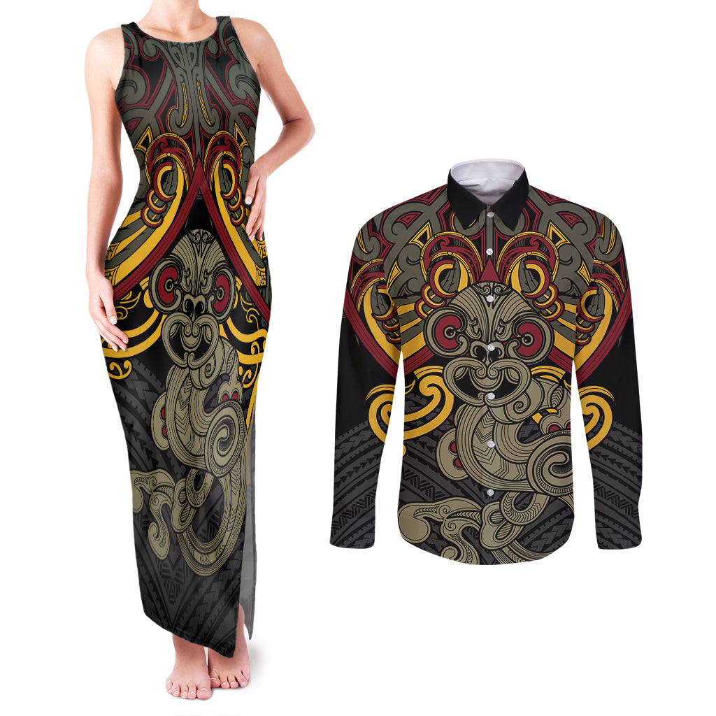 Maori Hei Tiki Tribal Tattoo Couples Matching Tank Maxi Dress and Long Sleeve Button Shirt