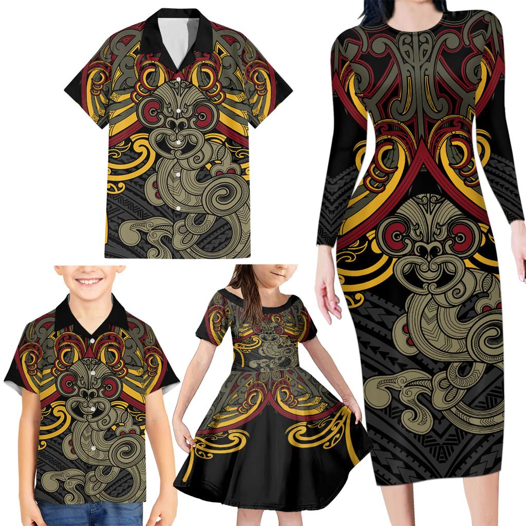 Maori Hei Tiki Tribal Tattoo Family Matching Long Sleeve Bodycon Dress and Hawaiian Shirt