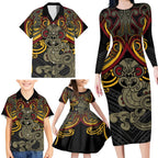 Maori Hei Tiki Tribal Tattoo Family Matching Long Sleeve Bodycon Dress and Hawaiian Shirt