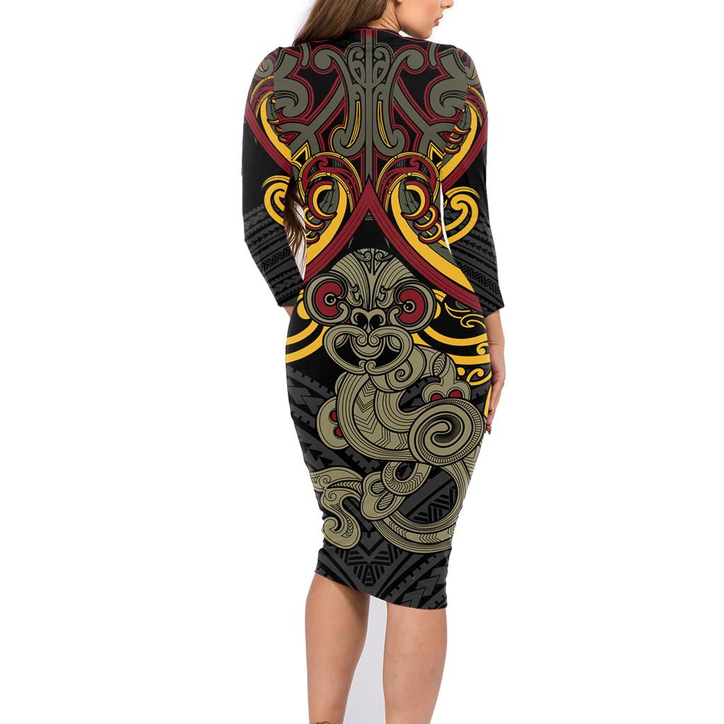 Maori Hei Tiki Tribal Tattoo Family Matching Long Sleeve Bodycon Dress and Hawaiian Shirt