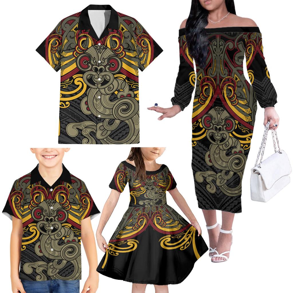 Maori Hei Tiki Tribal Tattoo Family Matching Off The Shoulder Long Sleeve Dress and Hawaiian Shirt