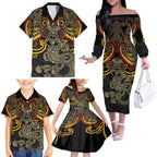 Maori Hei Tiki Tribal Tattoo Family Matching Off The Shoulder Long Sleeve Dress and Hawaiian Shirt