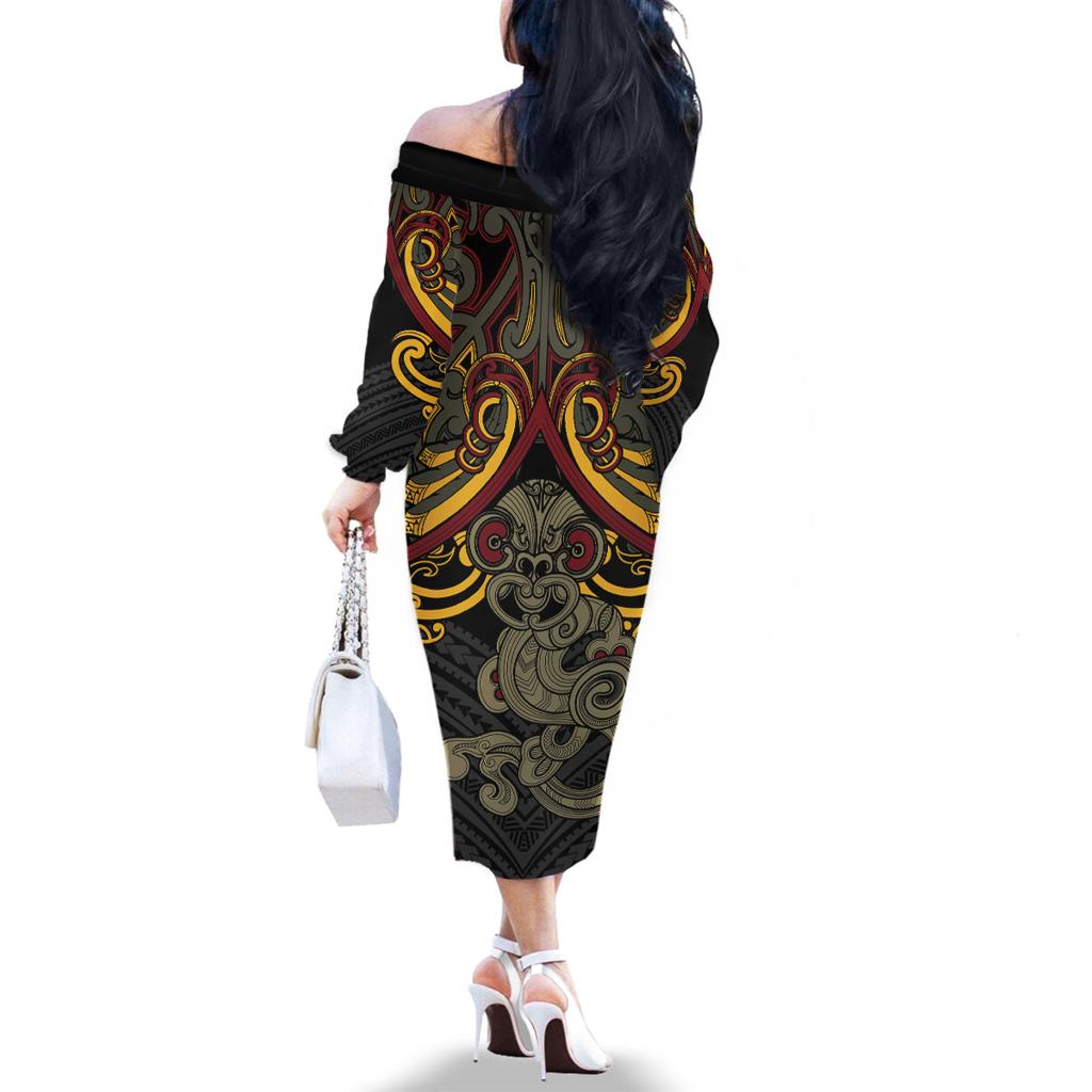 Maori Hei Tiki Tribal Tattoo Family Matching Off The Shoulder Long Sleeve Dress and Hawaiian Shirt