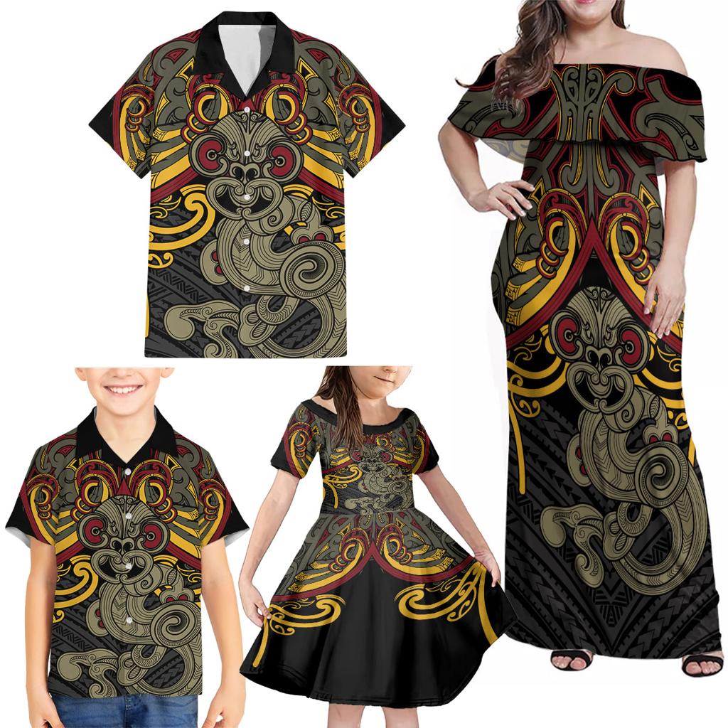 Maori Hei Tiki Tribal Tattoo Family Matching Off Shoulder Maxi Dress and Hawaiian Shirt