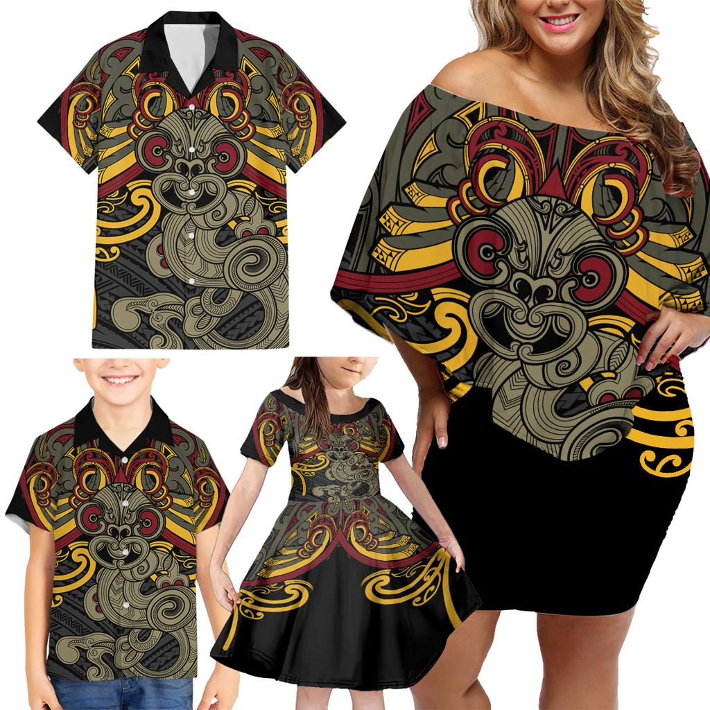 Maori Hei Tiki Tribal Tattoo Family Matching Off Shoulder Short Dress and Hawaiian Shirt