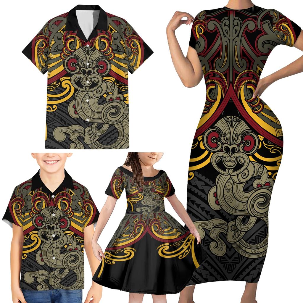 Maori Hei Tiki Tribal Tattoo Family Matching Short Sleeve Bodycon Dress and Hawaiian Shirt