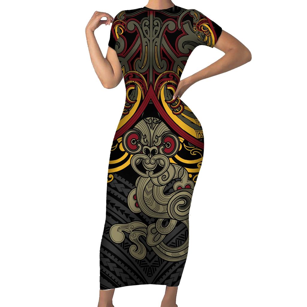 Maori Hei Tiki Tribal Tattoo Family Matching Short Sleeve Bodycon Dress and Hawaiian Shirt