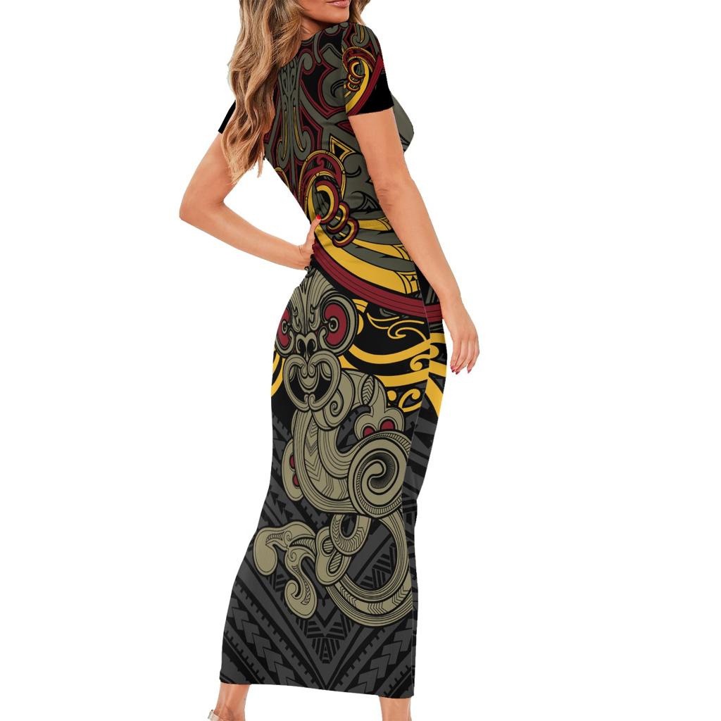 Maori Hei Tiki Tribal Tattoo Family Matching Short Sleeve Bodycon Dress and Hawaiian Shirt