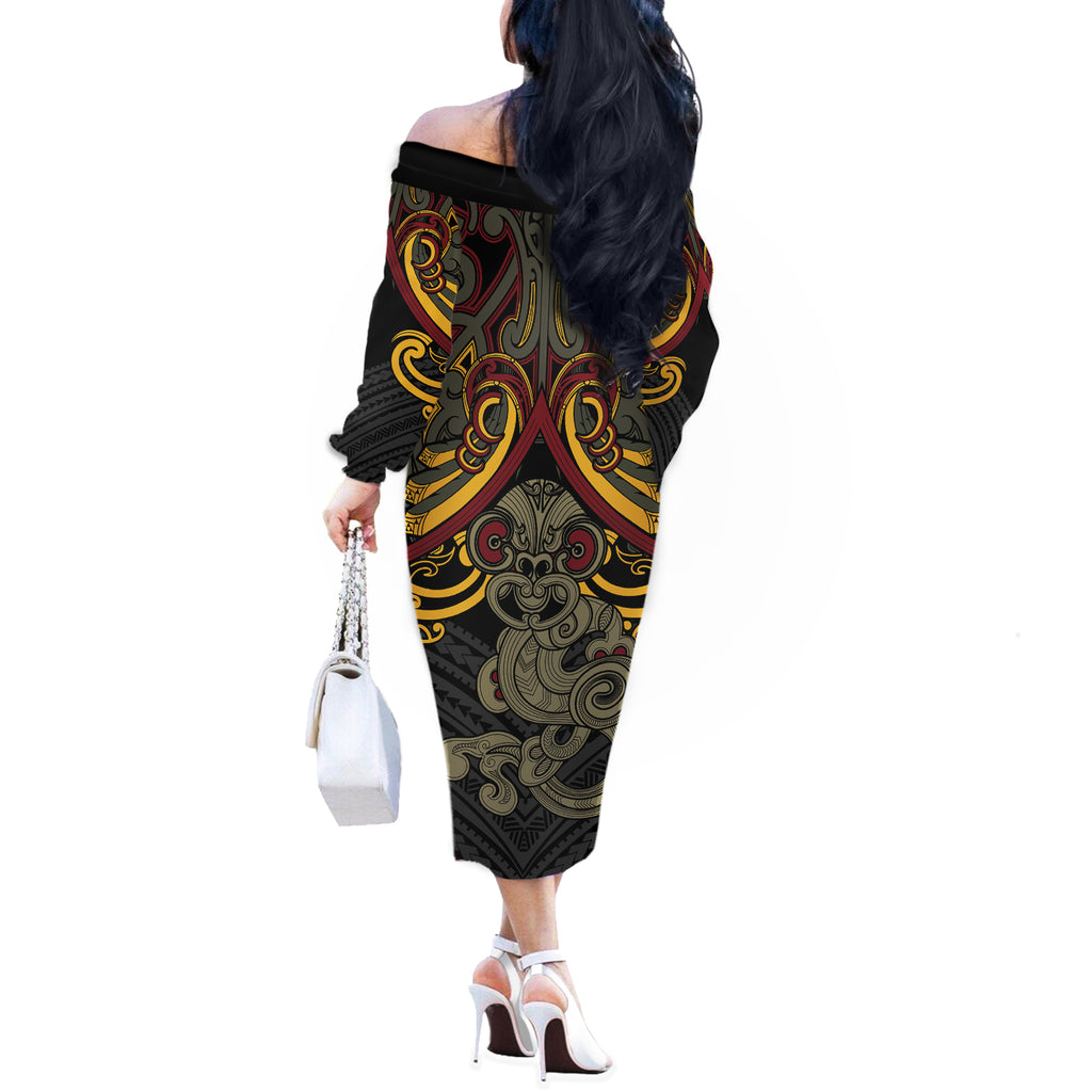 Maori Hei Tiki Tribal Tattoo Off The Shoulder Long Sleeve Dress