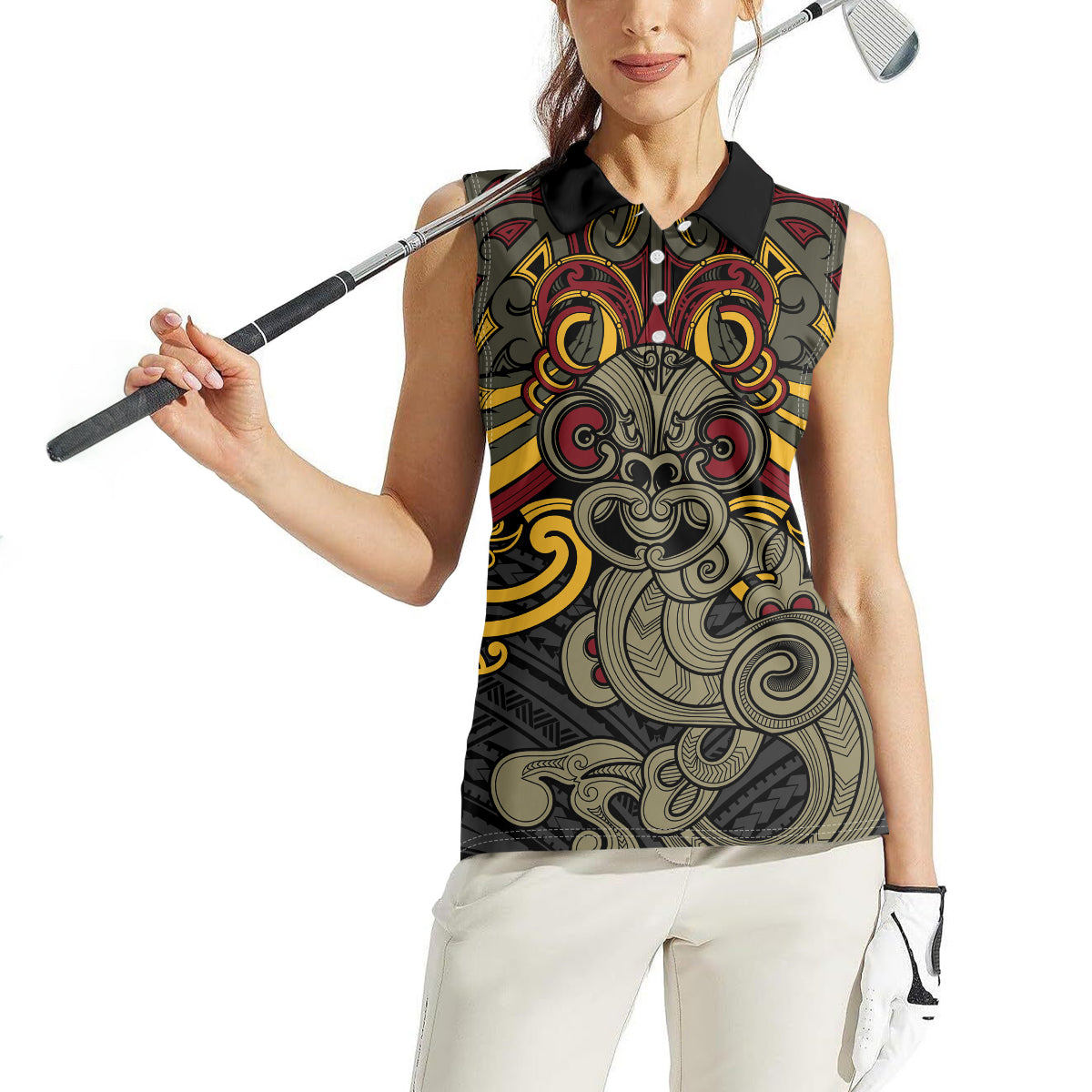 Maori Hei Tiki Tribal Tattoo Women Sleeveless Polo Shirt