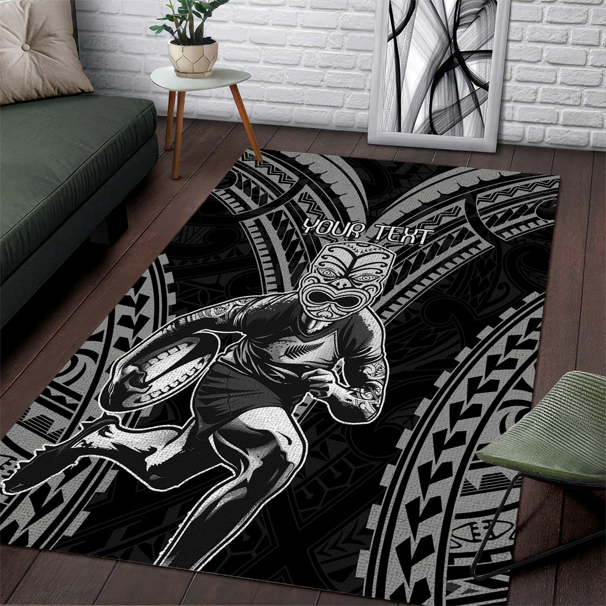 Custom New Zealand Rugby Area Rug Maori All Black Warrior Tribal Tattoo