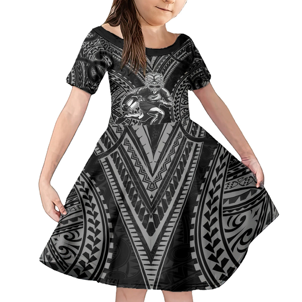 Custom New Zealand Rugby Kid Short Sleeve Dress Maori All Black Warrior Tribal Tattoo