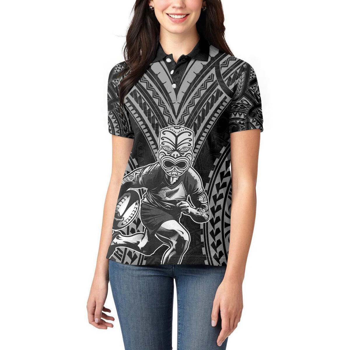 Custom New Zealand Rugby Women Polo Shirt Maori All Black Warrior Tribal Tattoo