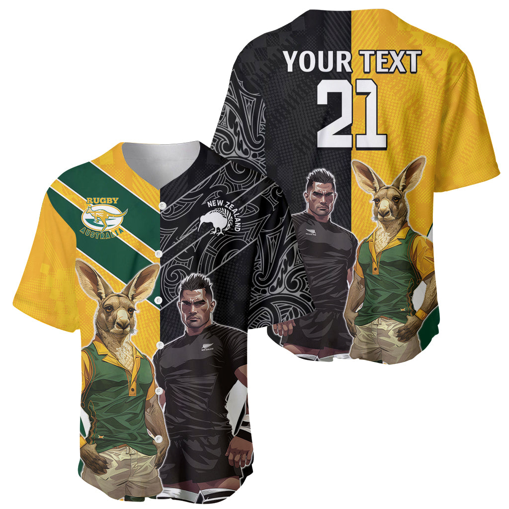 Custom New Zealand and Australia Rugby Baseball Jersey Kangroo and Maori Warrior Together