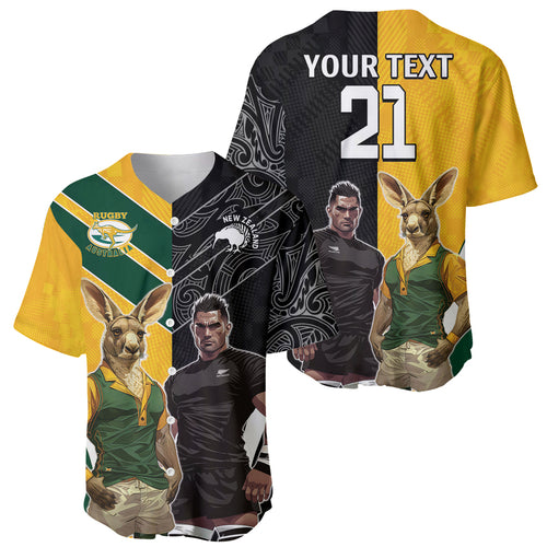 Custom New Zealand and Australia Rugby Baseball Jersey Kangroo and Maori Warrior Together