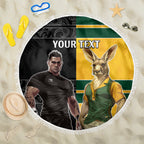 Custom New Zealand and Australia Rugby Beach Blanket Kangroo and Maori Warrior Together