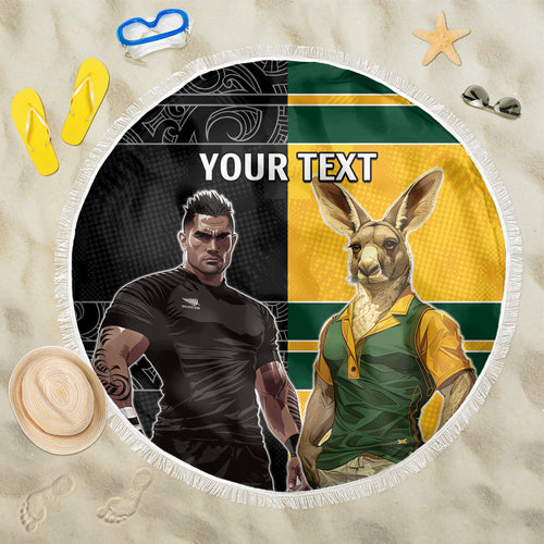 Custom New Zealand and Australia Rugby Beach Blanket Kangroo and Maori Warrior Together