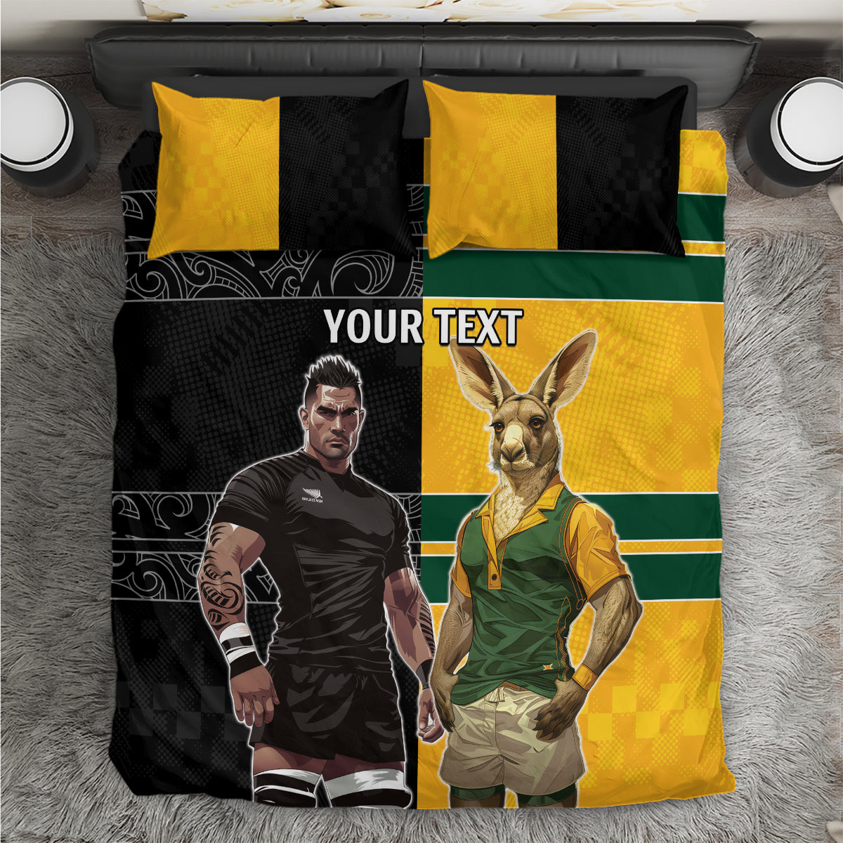 Custom New Zealand and Australia Rugby Bedding Set Kangroo and Maori Warrior Together