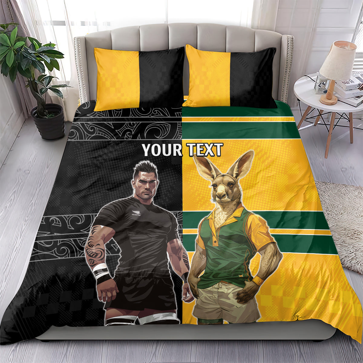 Custom New Zealand and Australia Rugby Bedding Set Kangroo and Maori Warrior Together