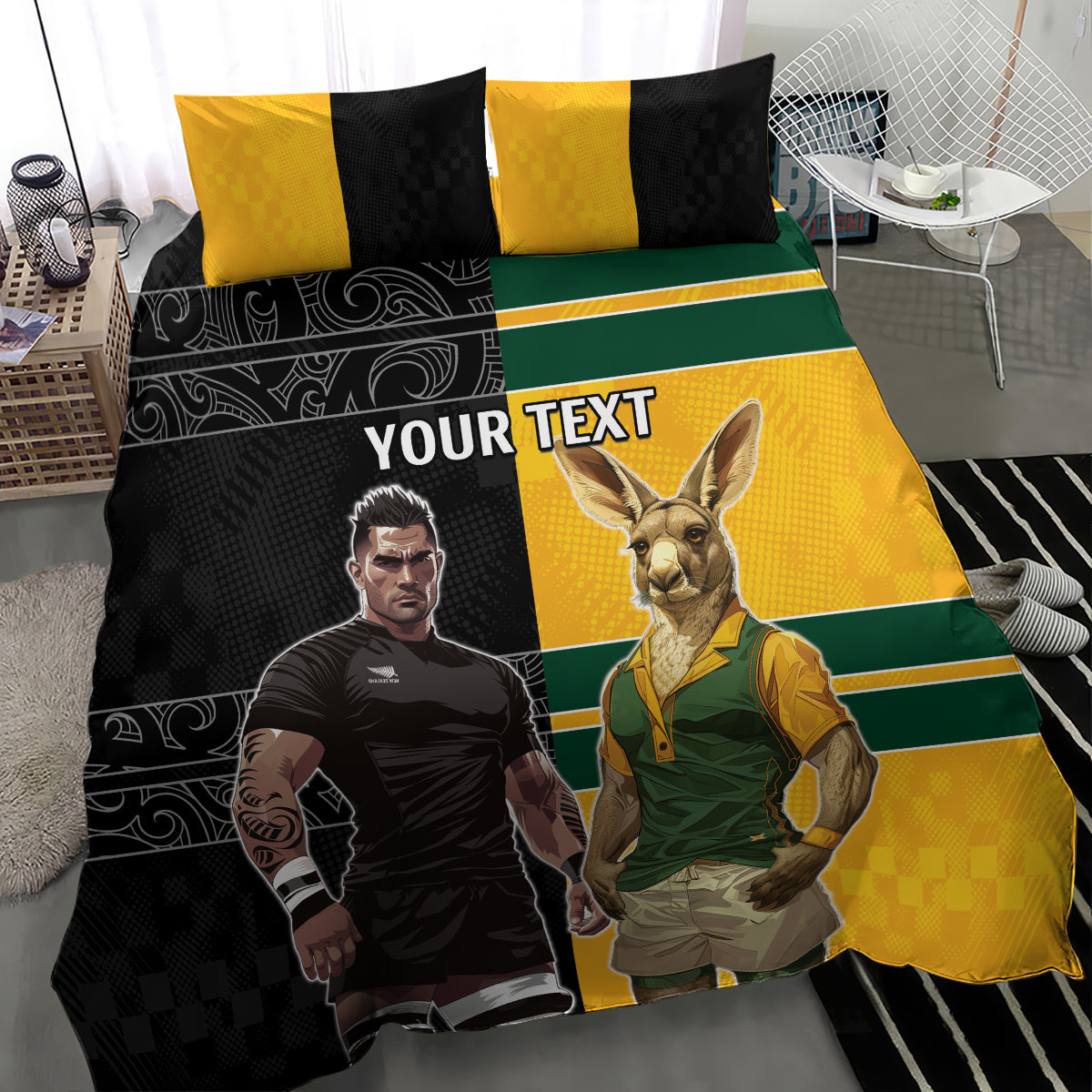Custom New Zealand and Australia Rugby Bedding Set Kangroo and Maori Warrior Together