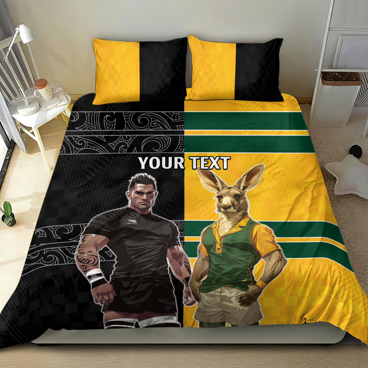 Custom New Zealand and Australia Rugby Bedding Set Kangroo and Maori Warrior Together