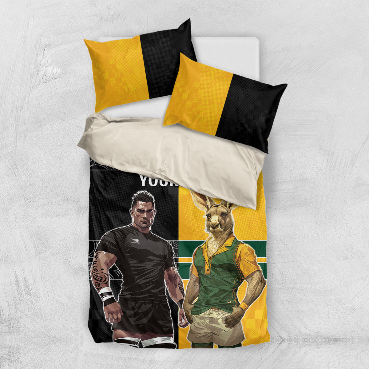 Custom New Zealand and Australia Rugby Bedding Set Kangroo and Maori Warrior Together