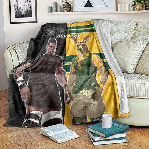 Custom New Zealand and Australia Rugby Blanket Kangroo and Maori Warrior Together