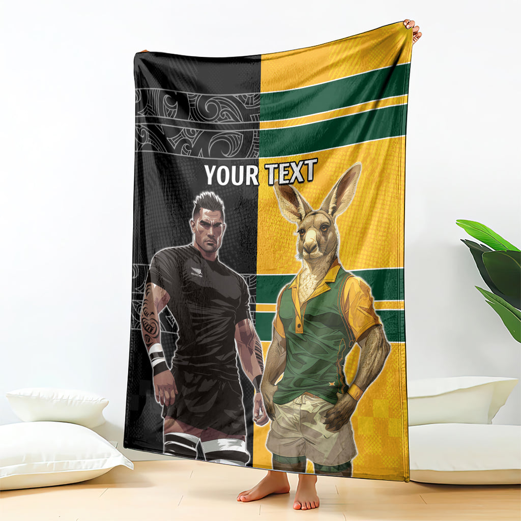 Custom New Zealand and Australia Rugby Blanket Kangroo and Maori Warrior Together
