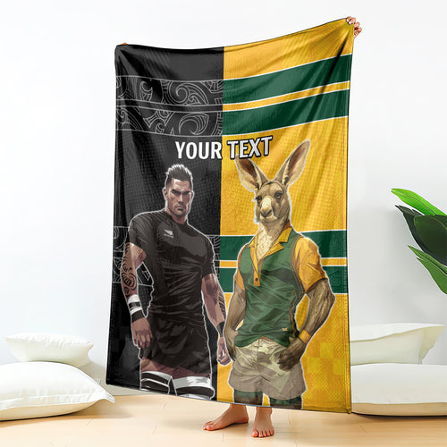 Custom New Zealand and Australia Rugby Blanket Kangroo and Maori Warrior Together