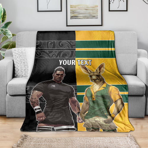 Custom New Zealand and Australia Rugby Blanket Kangroo and Maori Warrior Together
