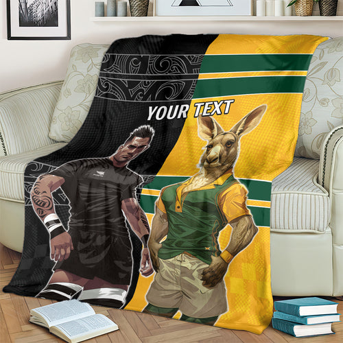 Custom New Zealand and Australia Rugby Blanket Kangroo and Maori Warrior Together