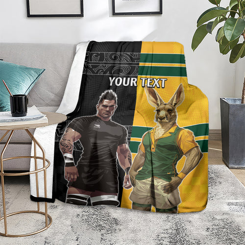 Custom New Zealand and Australia Rugby Blanket Kangroo and Maori Warrior Together