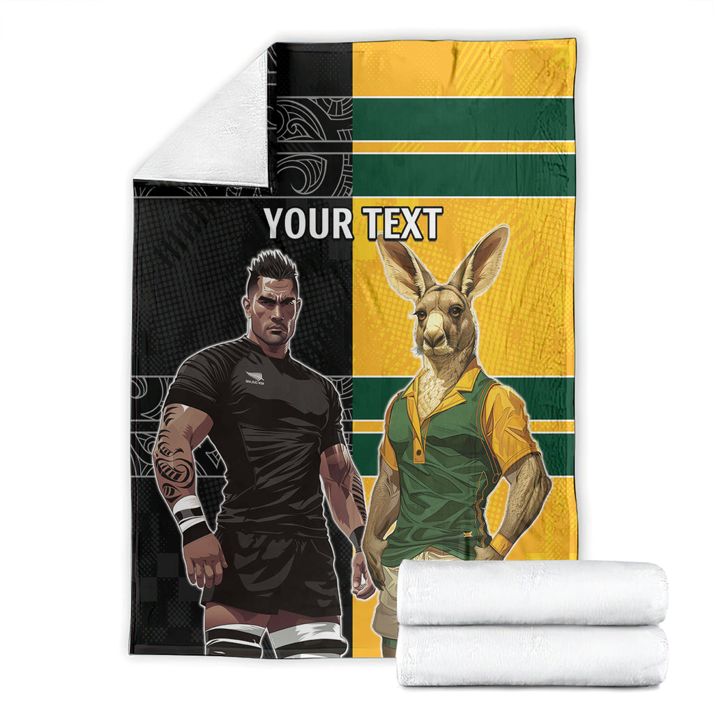 Custom New Zealand and Australia Rugby Blanket Kangroo and Maori Warrior Together