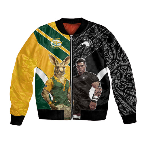 Custom New Zealand and Australia Rugby Bomber Jacket Kangroo and Maori Warrior Together