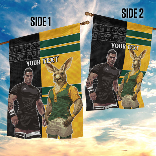 Custom New Zealand and Australia Rugby Garden Flag Kangroo and Maori Warrior Together
