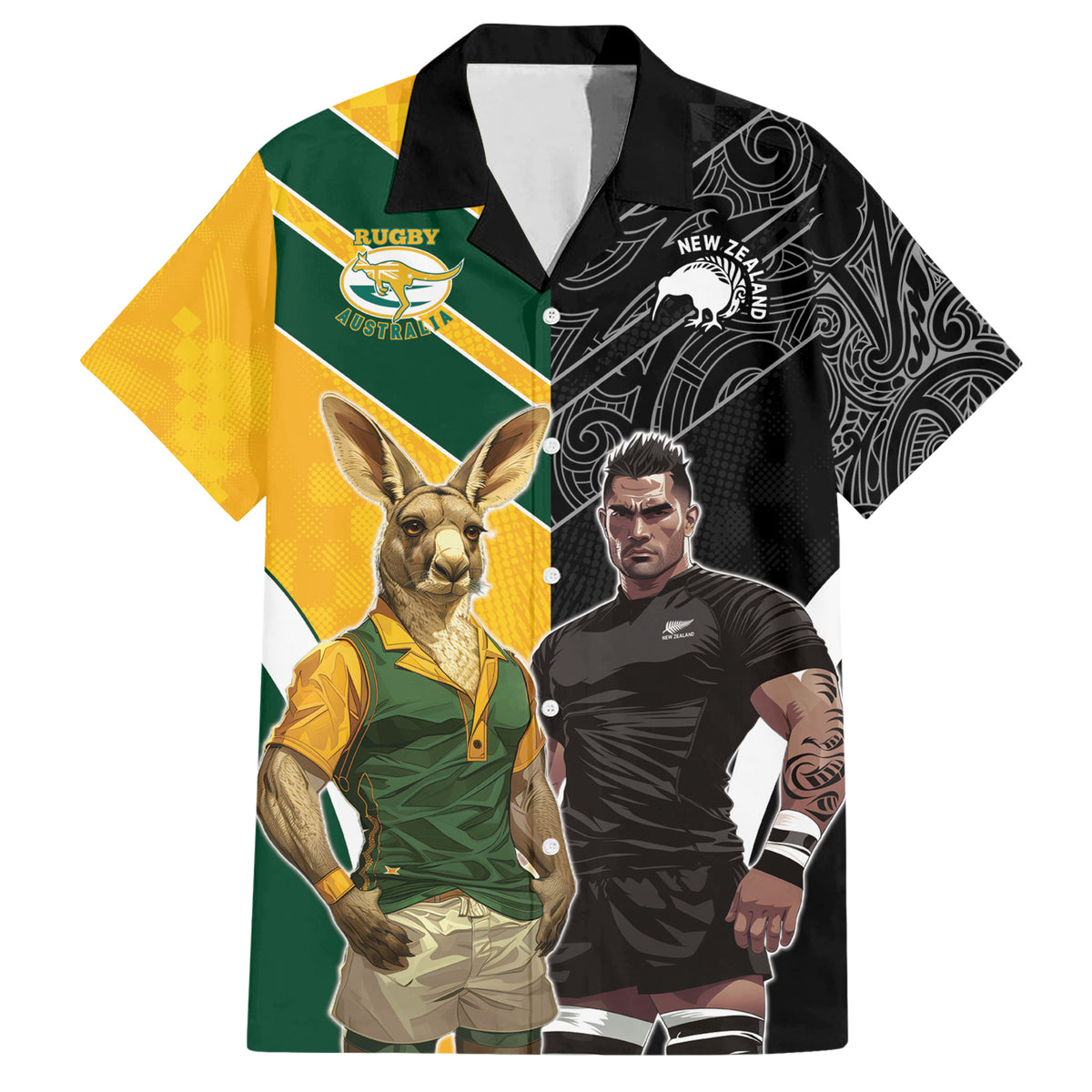Custom New Zealand and Australia Rugby Hawaiian Shirt Kangroo and Maori Warrior Together