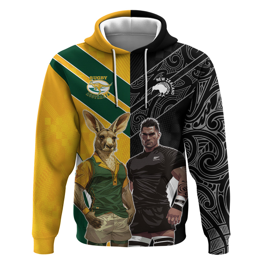 Custom New Zealand and Australia Rugby Hoodie Kangroo and Maori Warrior Together
