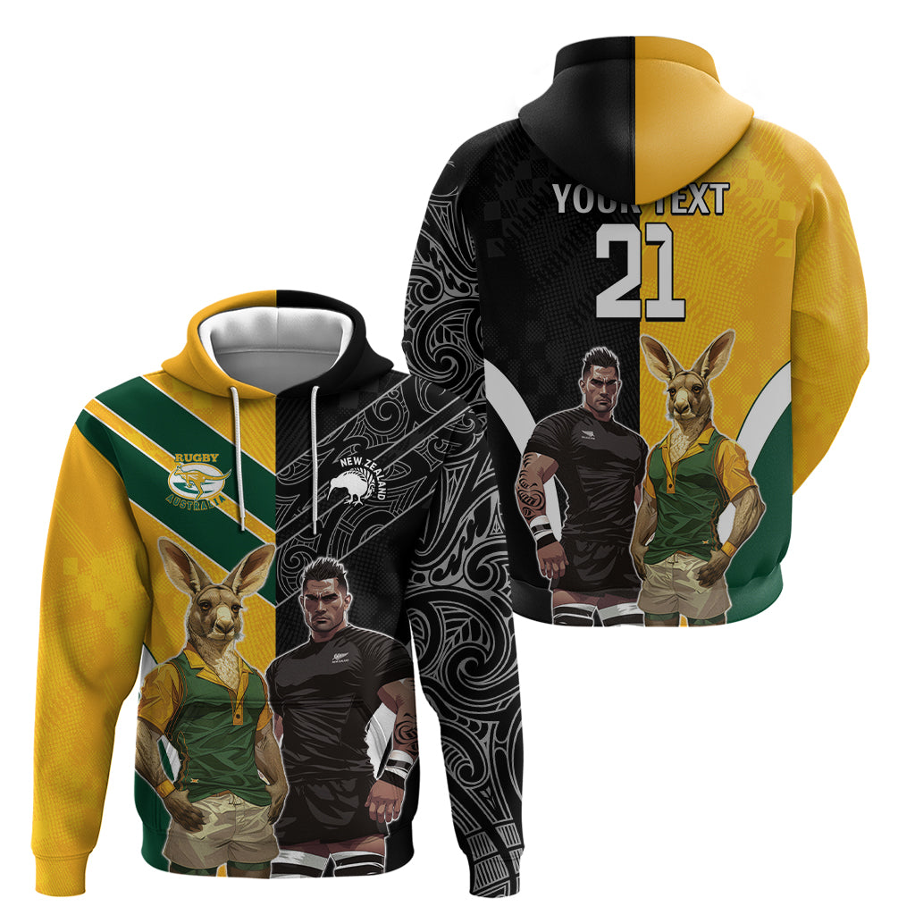 Custom New Zealand and Australia Rugby Hoodie Kangroo and Maori Warrior Together
