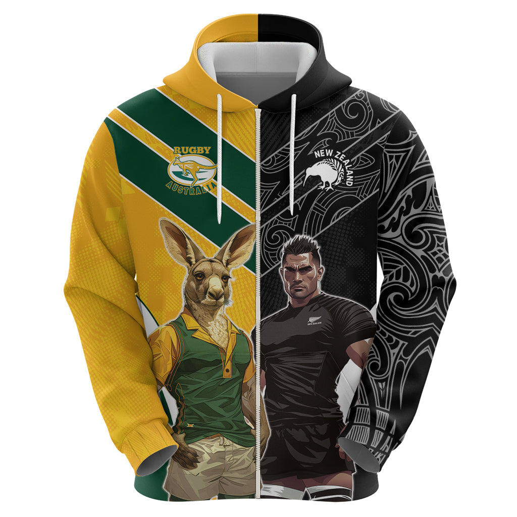 Custom New Zealand and Australia Rugby Hoodie Kangroo and Maori Warrior Together