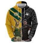 Custom New Zealand and Australia Rugby Hoodie Kangroo and Maori Warrior Together
