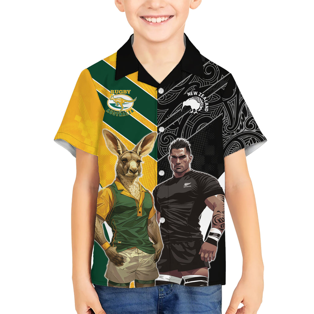 Custom New Zealand and Australia Rugby Kid Hawaiian Shirt Kangroo and Maori Warrior Together