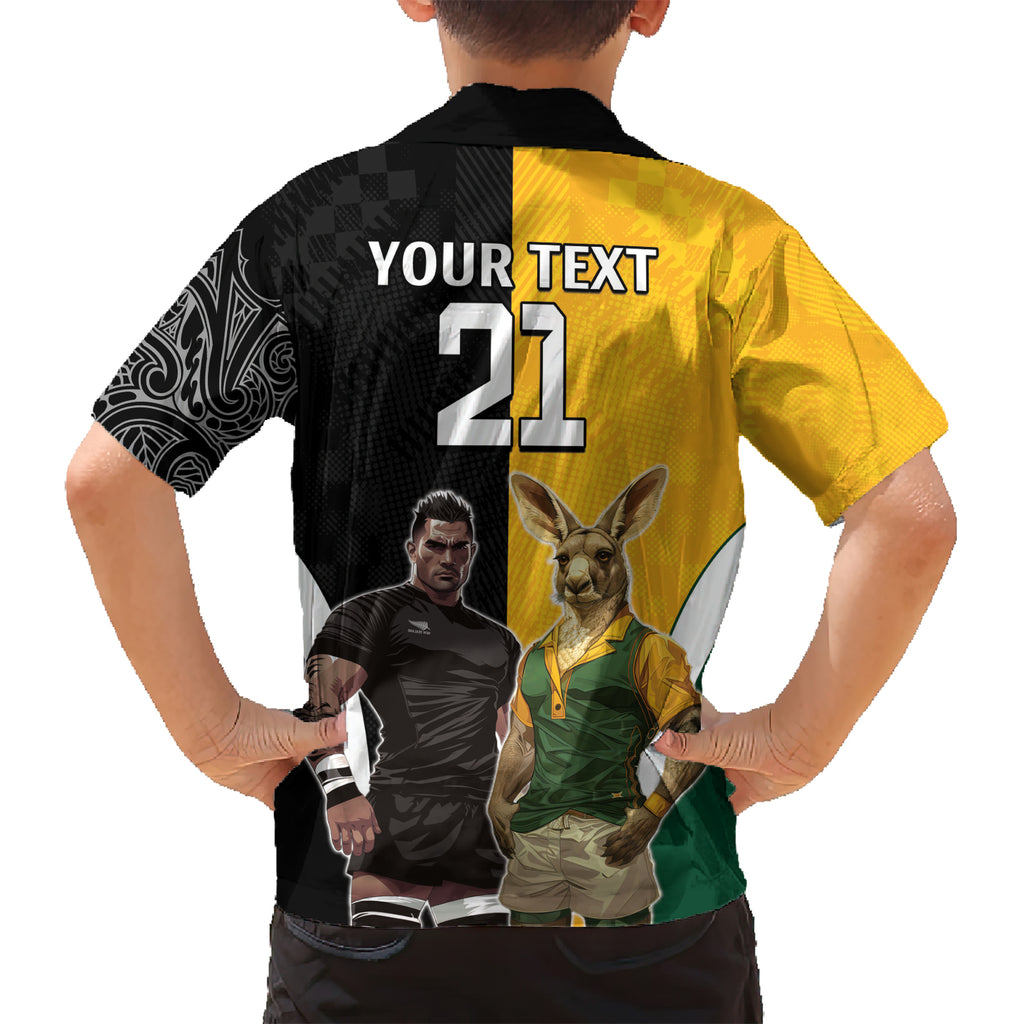 Custom New Zealand and Australia Rugby Kid Hawaiian Shirt Kangroo and Maori Warrior Together