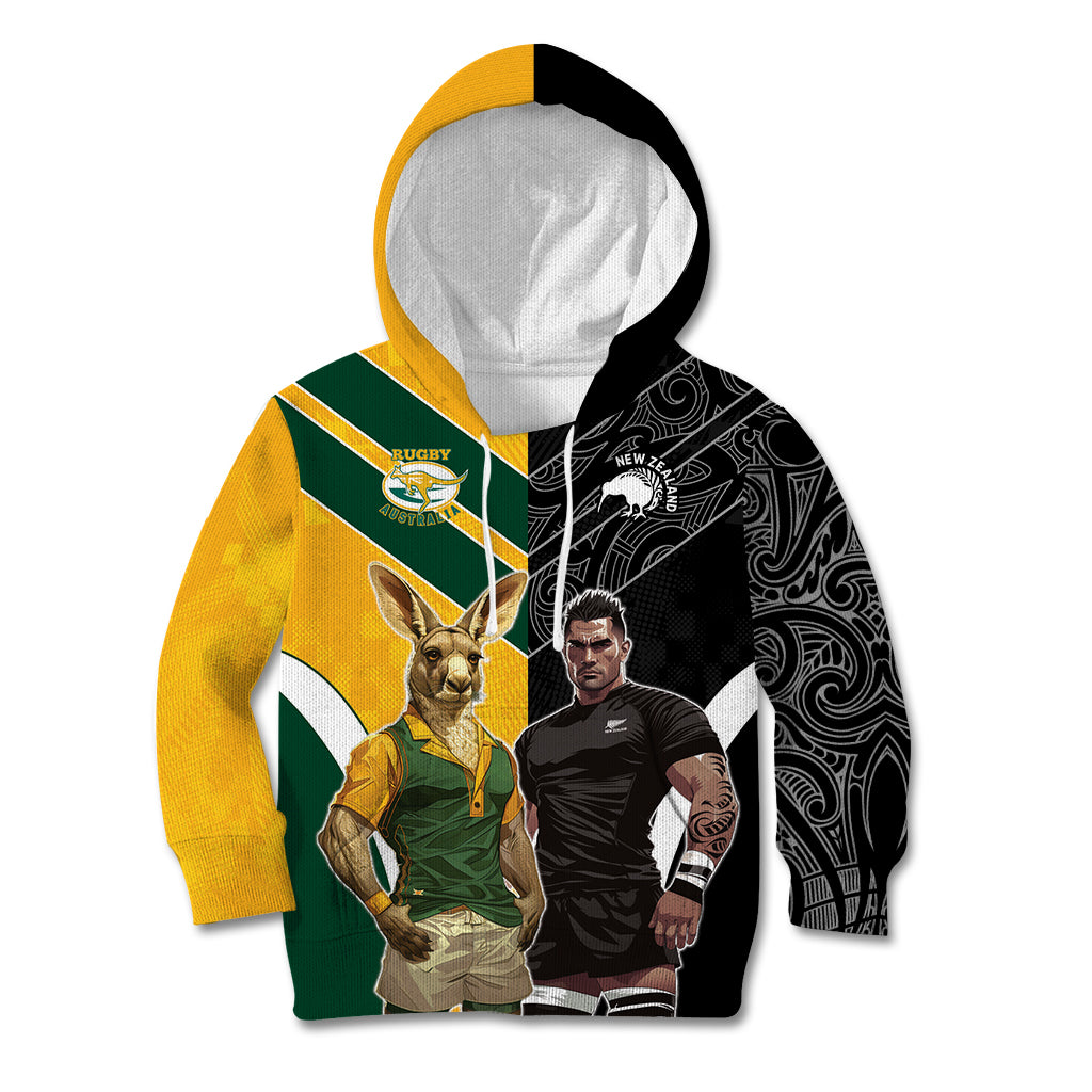 Custom New Zealand and Australia Rugby Kid Hoodie Kangroo and Maori Warrior Together