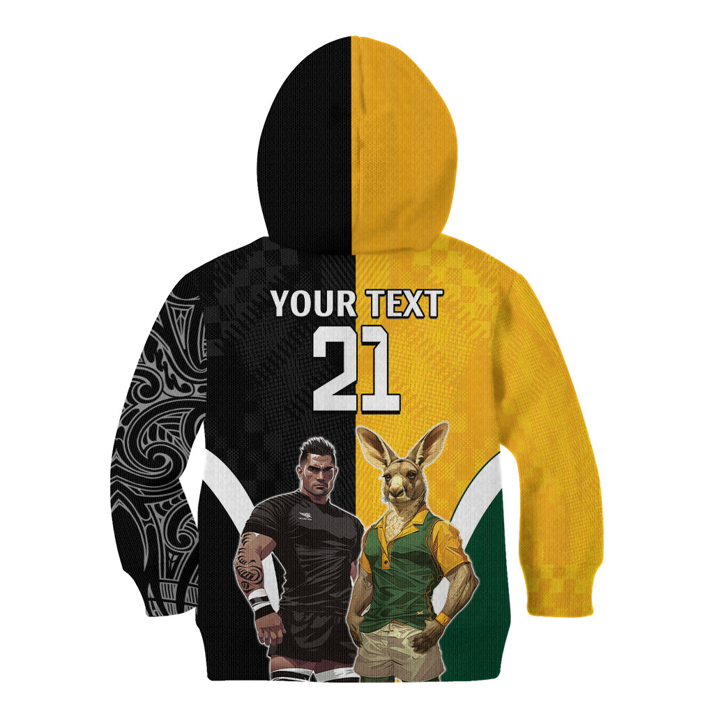 Custom New Zealand and Australia Rugby Kid Hoodie Kangroo and Maori Warrior Together