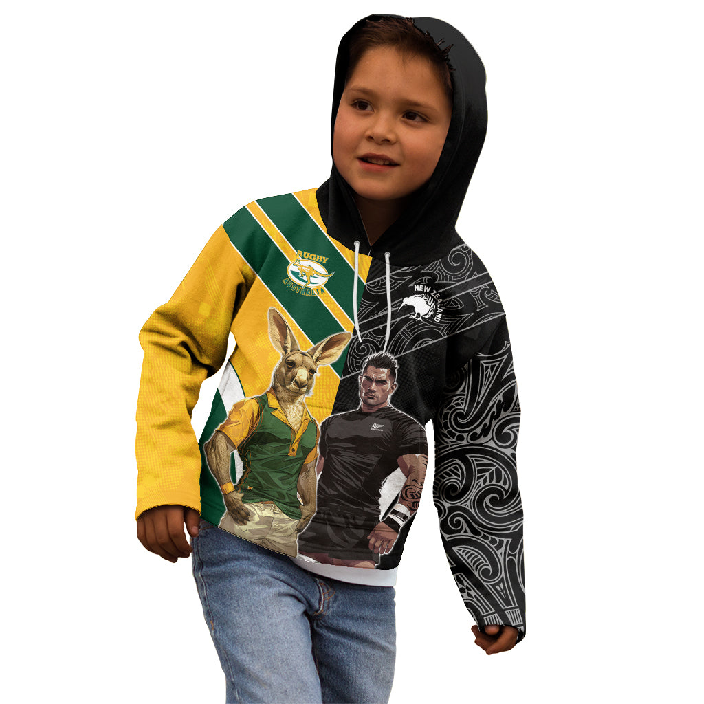 Custom New Zealand and Australia Rugby Kid Hoodie Kangroo and Maori Warrior Together