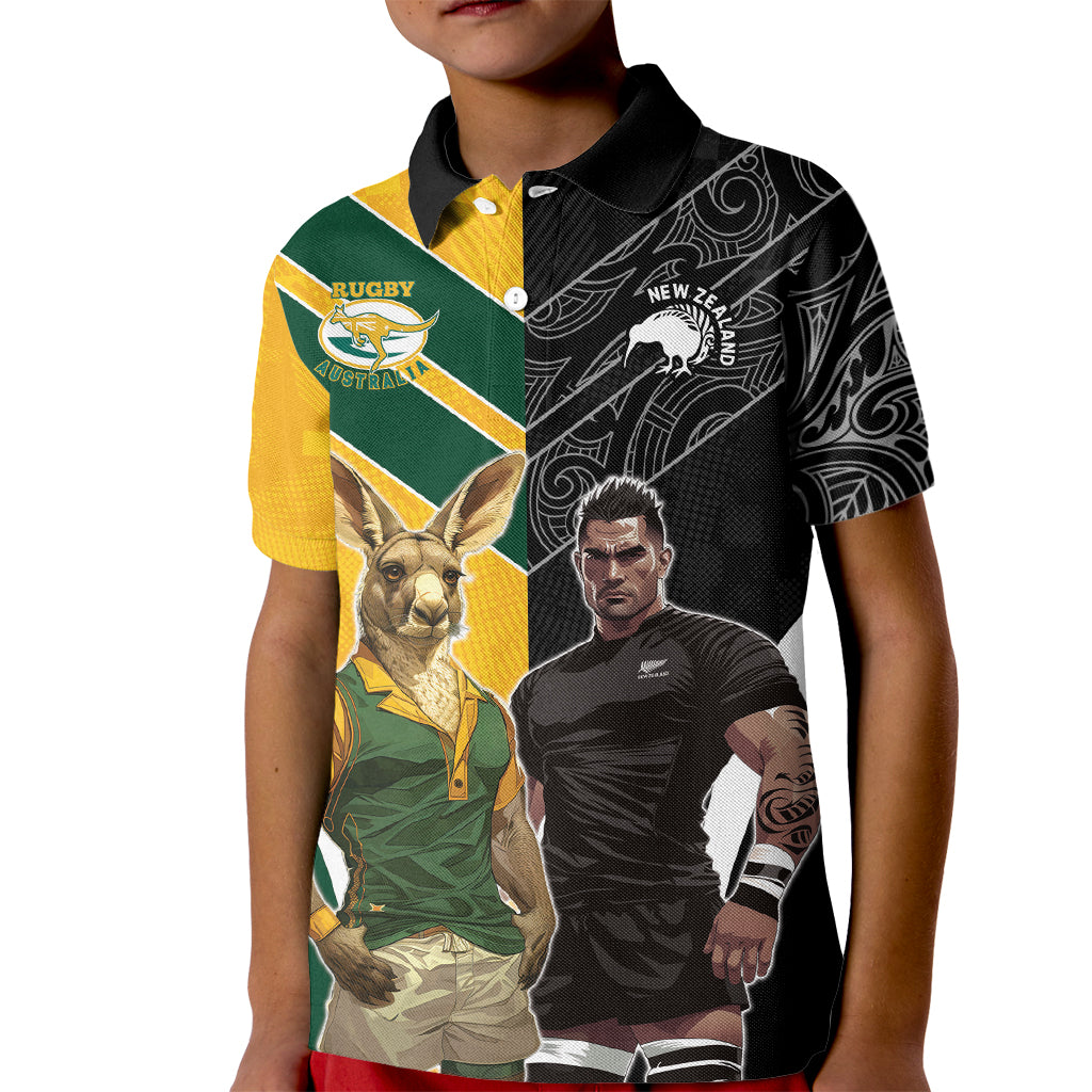 Custom New Zealand and Australia Rugby Kid Polo Shirt Kangroo and Maori Warrior Together